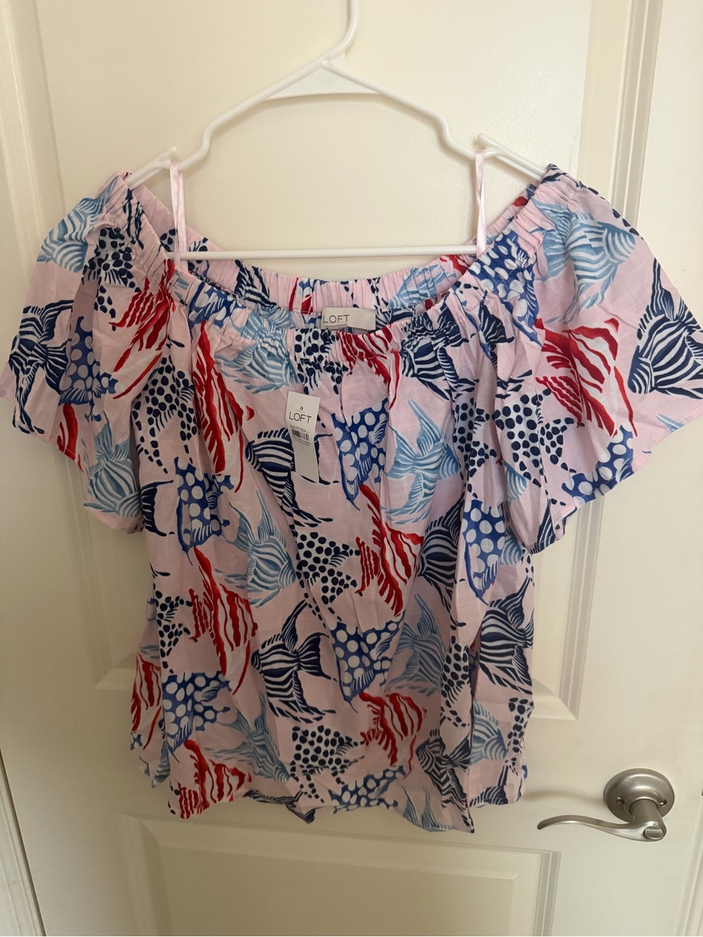 LOFT Pink Off-Shoulder Floral Print Top with Blue and Red Accents